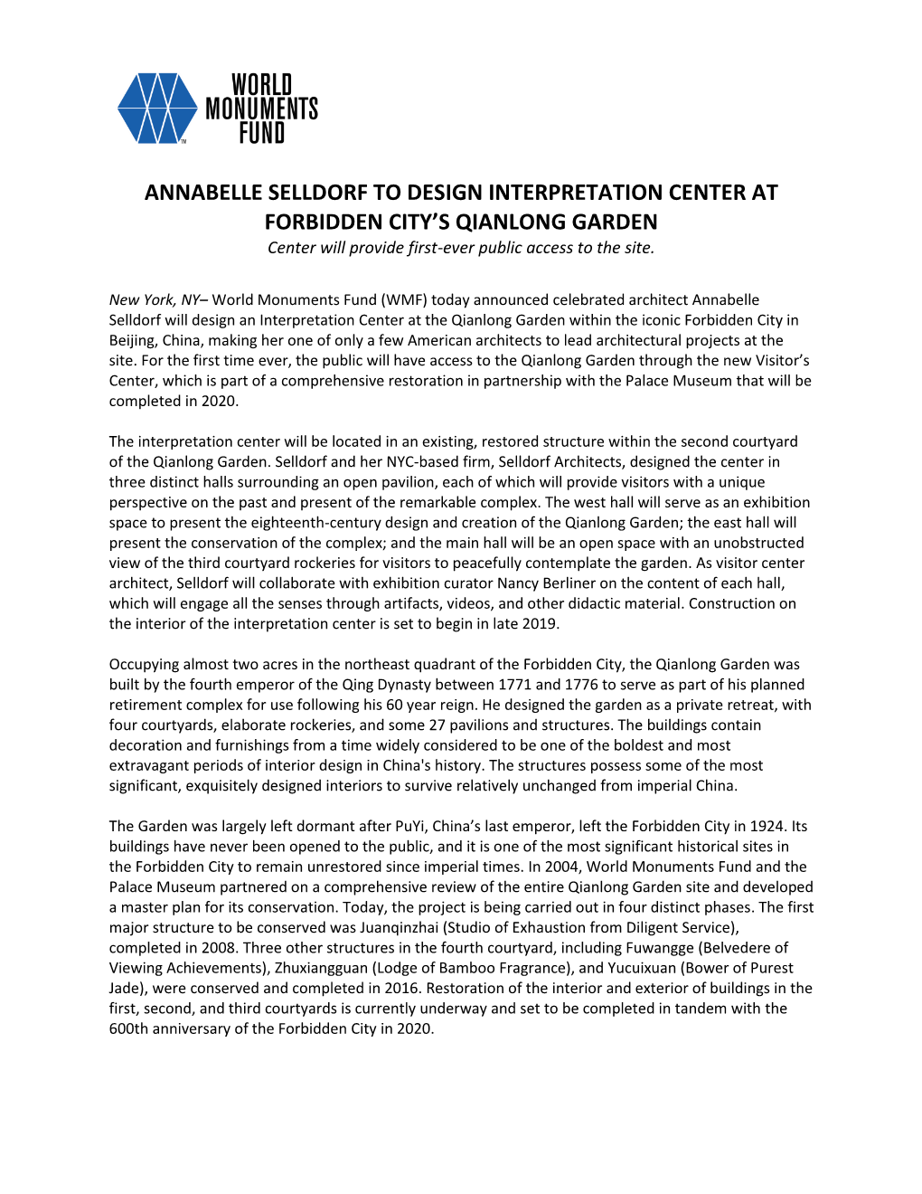 Annabelle Selldorf to Design Interpretation Center at Forbidden City's Qianlong Garden
