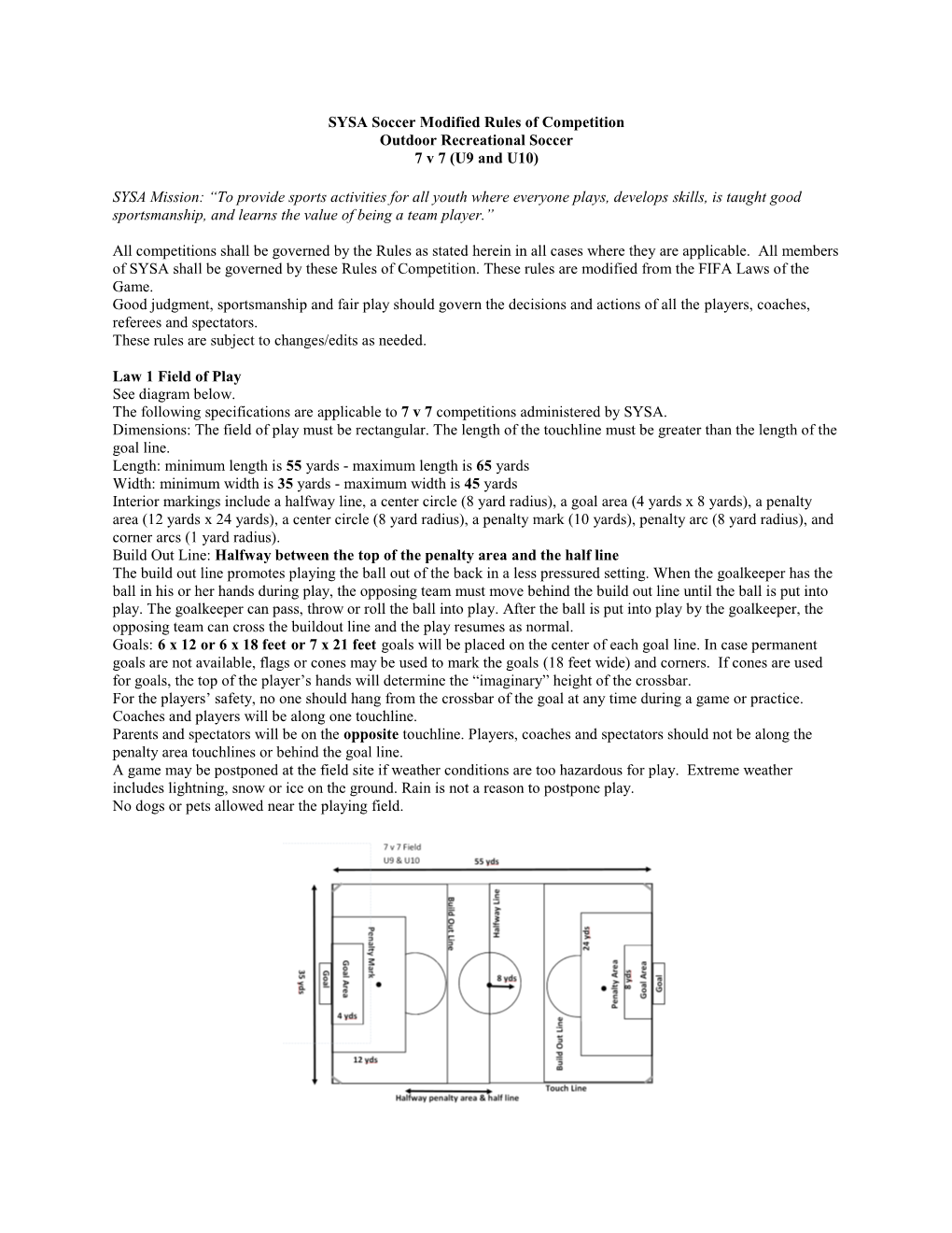 SYSA Soccer Modified Rules of Competition Outdoor Recreational Soccer 7 V 7 (U9 and U10)