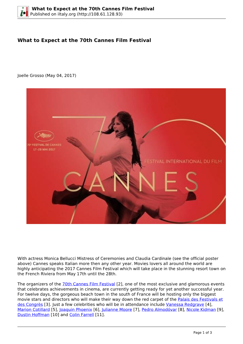 What to Expect at the 70Th Cannes Film Festival Published on Iitaly.Org (