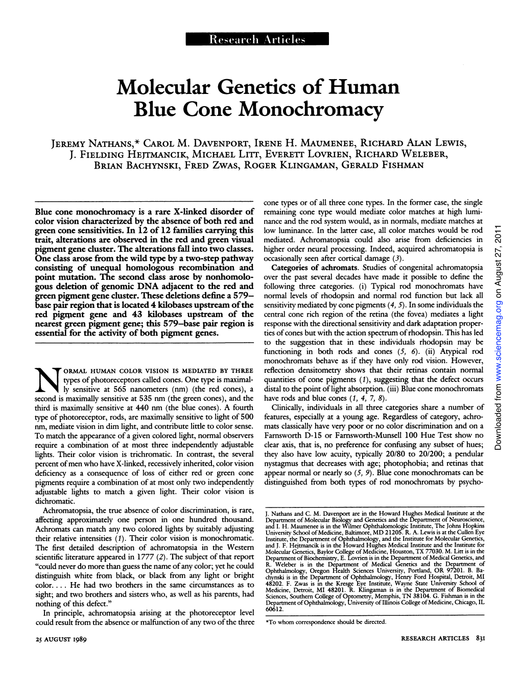 Molecular Genetics of Human Blue Cone Monochromacy