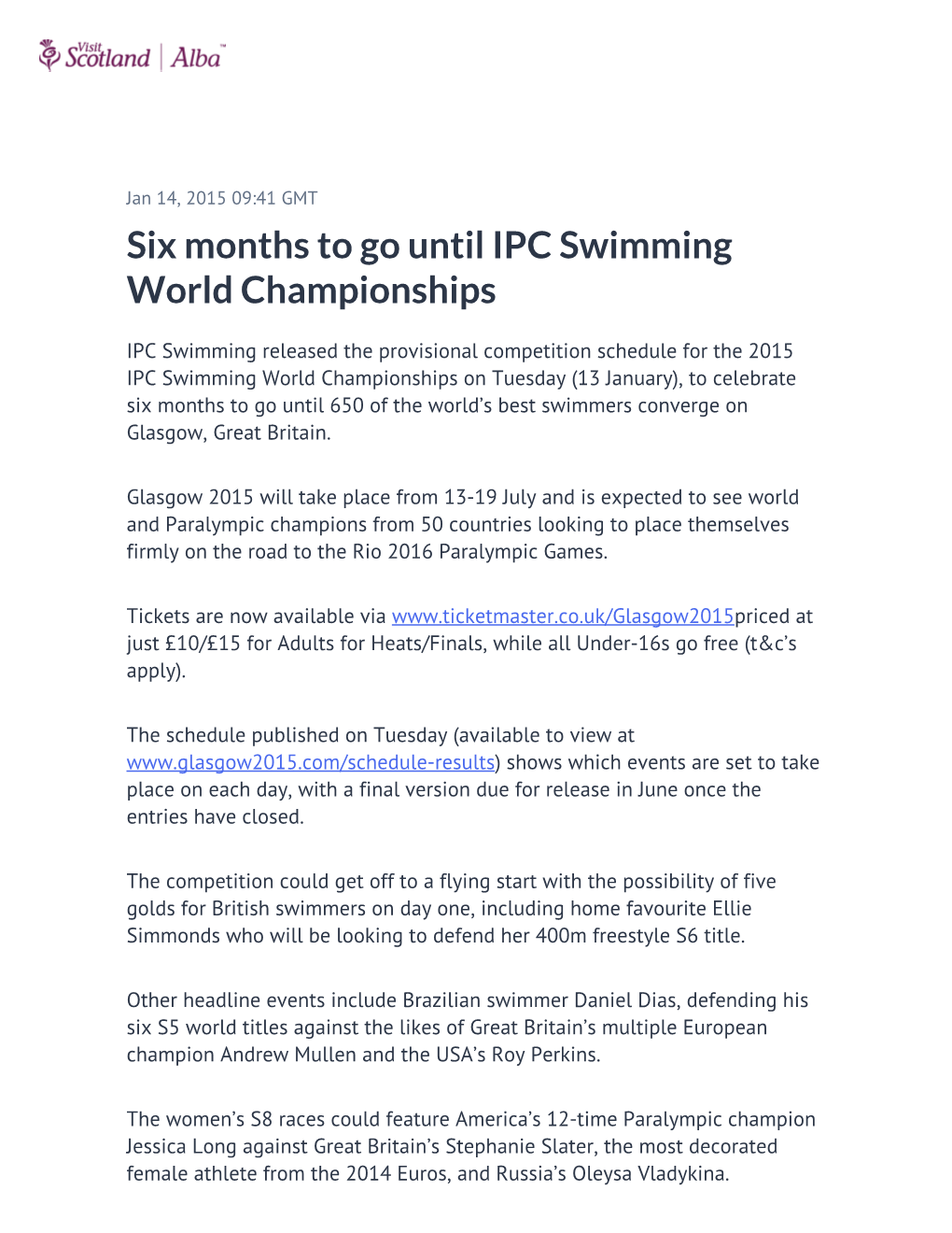 Six Months to Go Until IPC Swimming World Championships