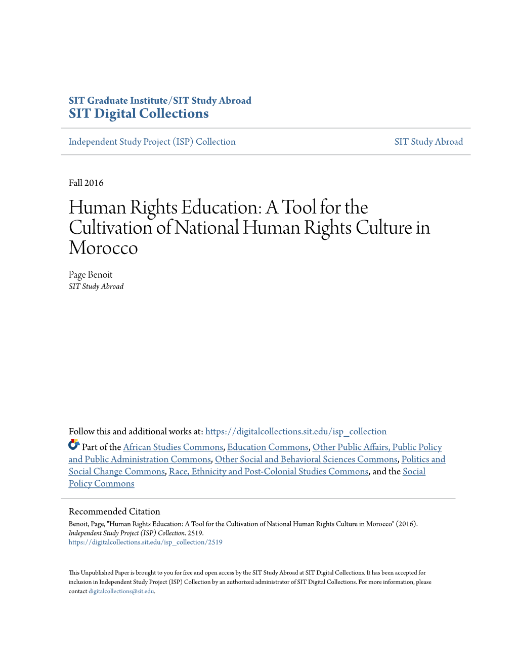 A Tool for the Cultivation of National Human Rights Culture in Morocco Page Benoit SIT Study Abroad