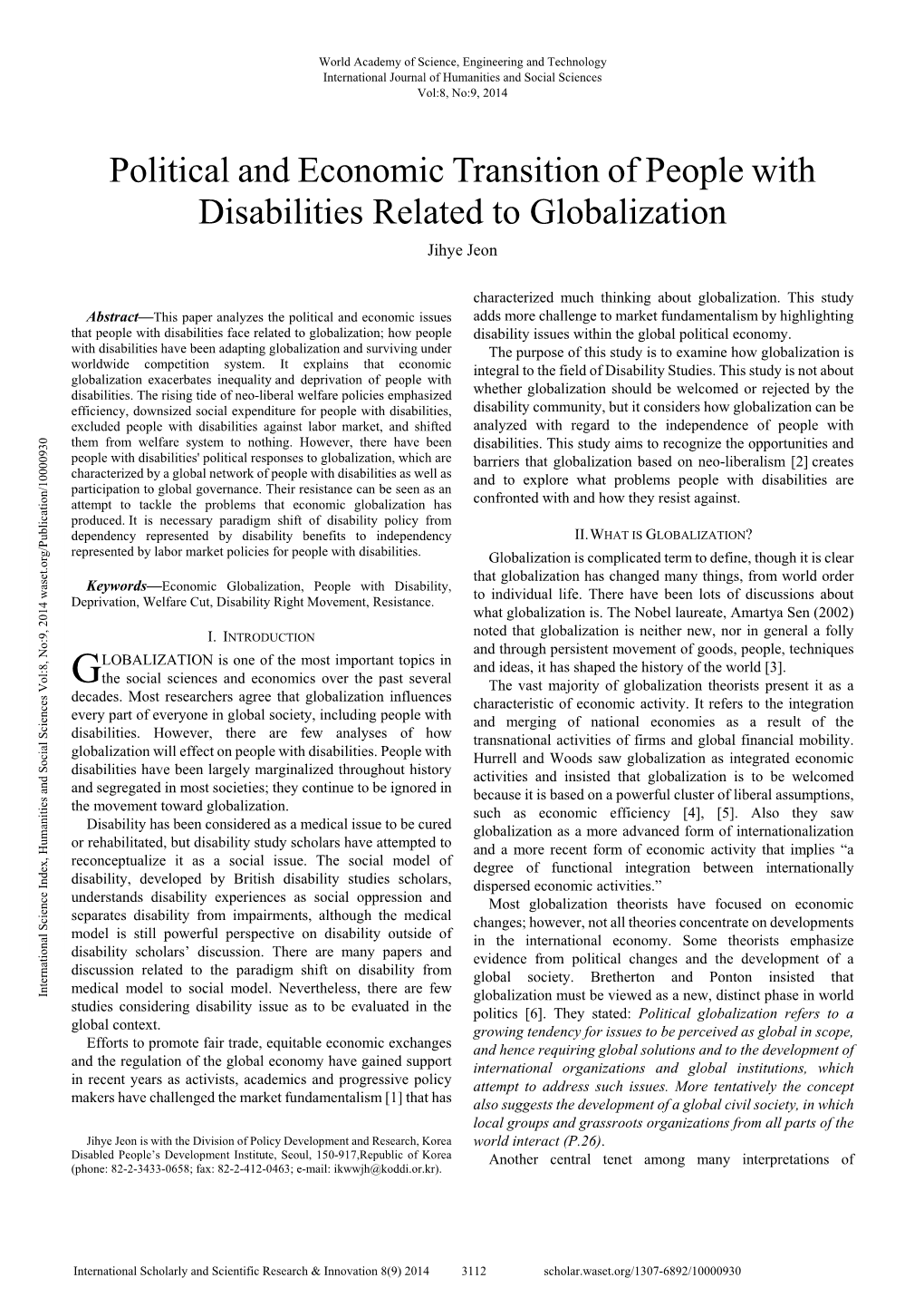 Political and Economic Transition of People with Disabilities Related to Globalization Jihye Jeon