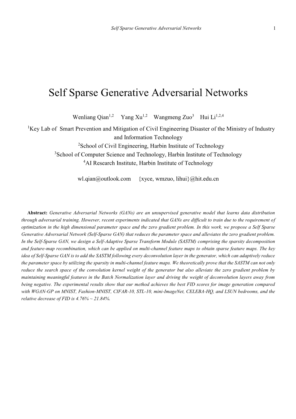 Self Sparse Generative Adversarial Networks 1