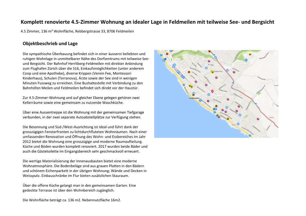 Komplett Renovierte 4.5-Zimmer Wohnung an Idealer Lage in Feldmeilen Mit Teilweise See- Und Bergsicht