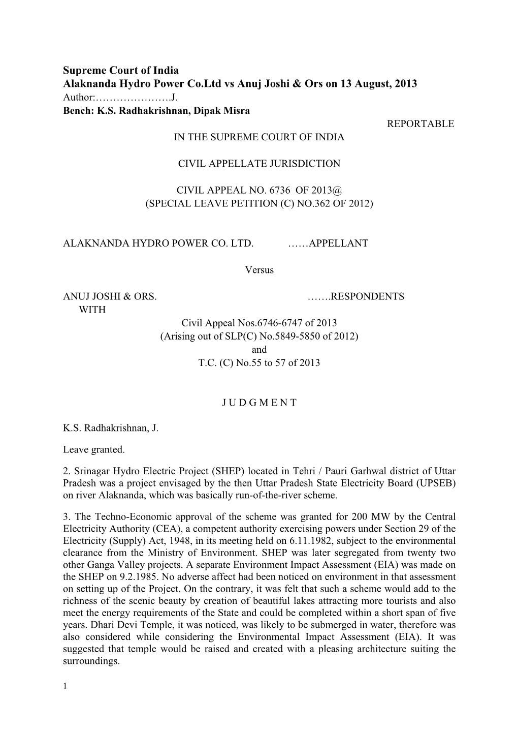 Alaknanda Hydro Power Co. Ltd. V Anuj Joshi & Ors, 2013