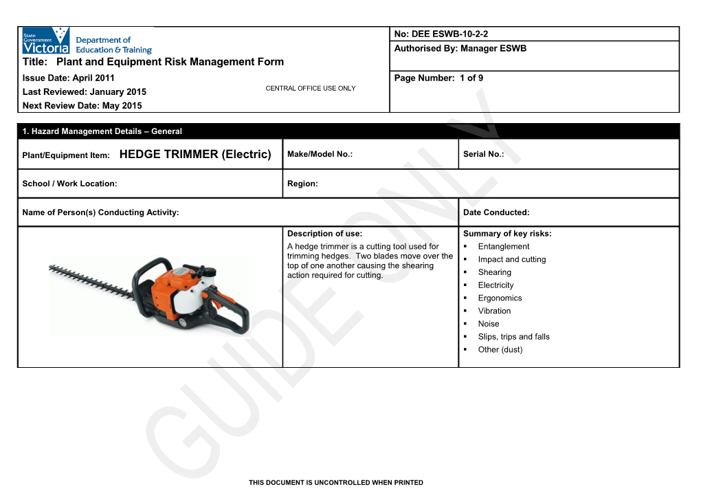 Plant and Equipment Risk Management Form - Hedge Trimmer (Electric)