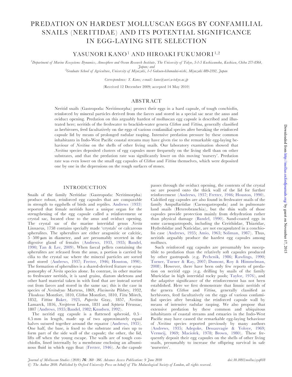 Predation on Hardest Molluscan Eggs by Confamilial Snails (Neritidae) and Its Potential Significance in Egg-Laying Site Selection