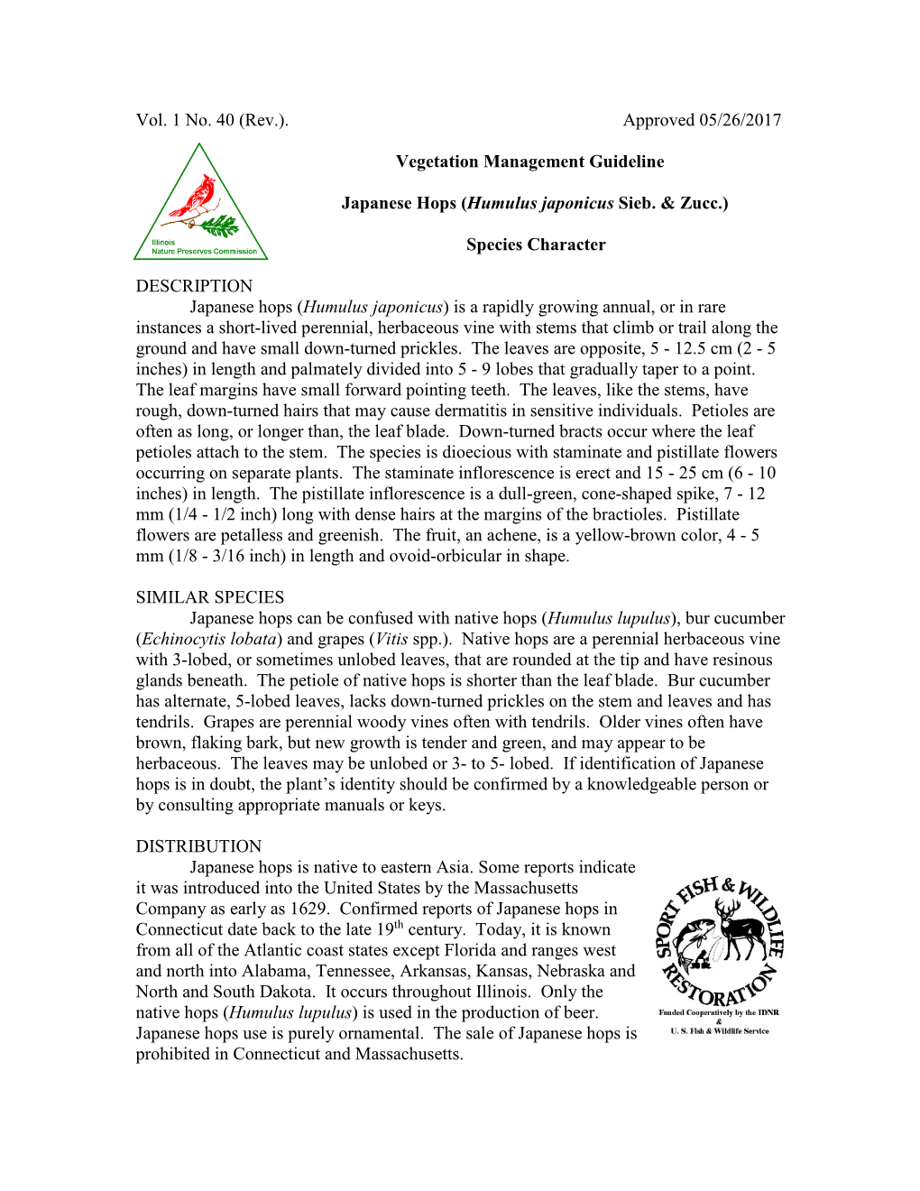 Vol. 1 No. 40 (Rev.). Approved 05/26/2017 Vegetation Management Guideline Japanese Hops (Humulus Japonicus Sieb. & Zucc.) S