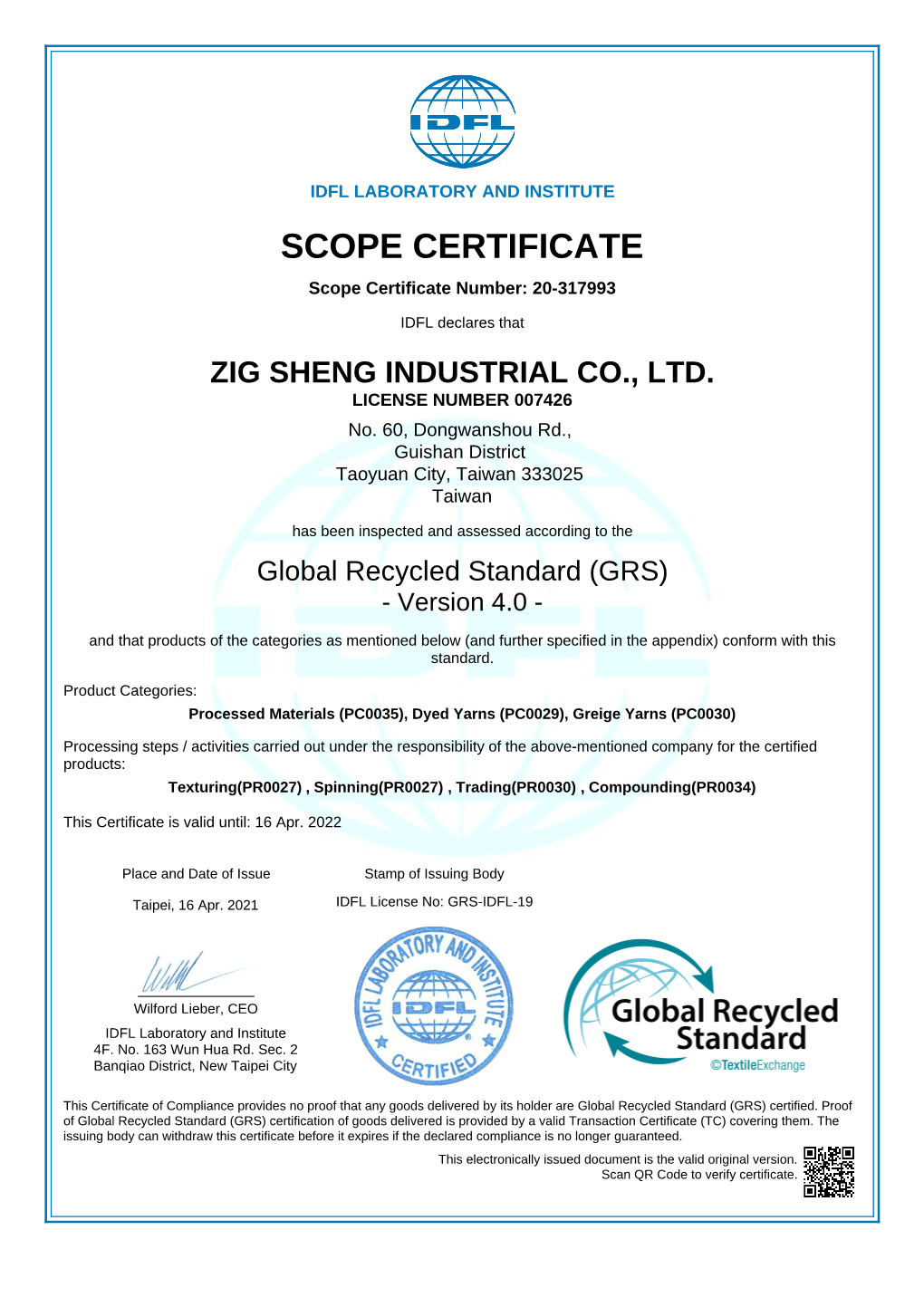 SCOPE CERTIFICATE Scope Certificate Number: 20-317993