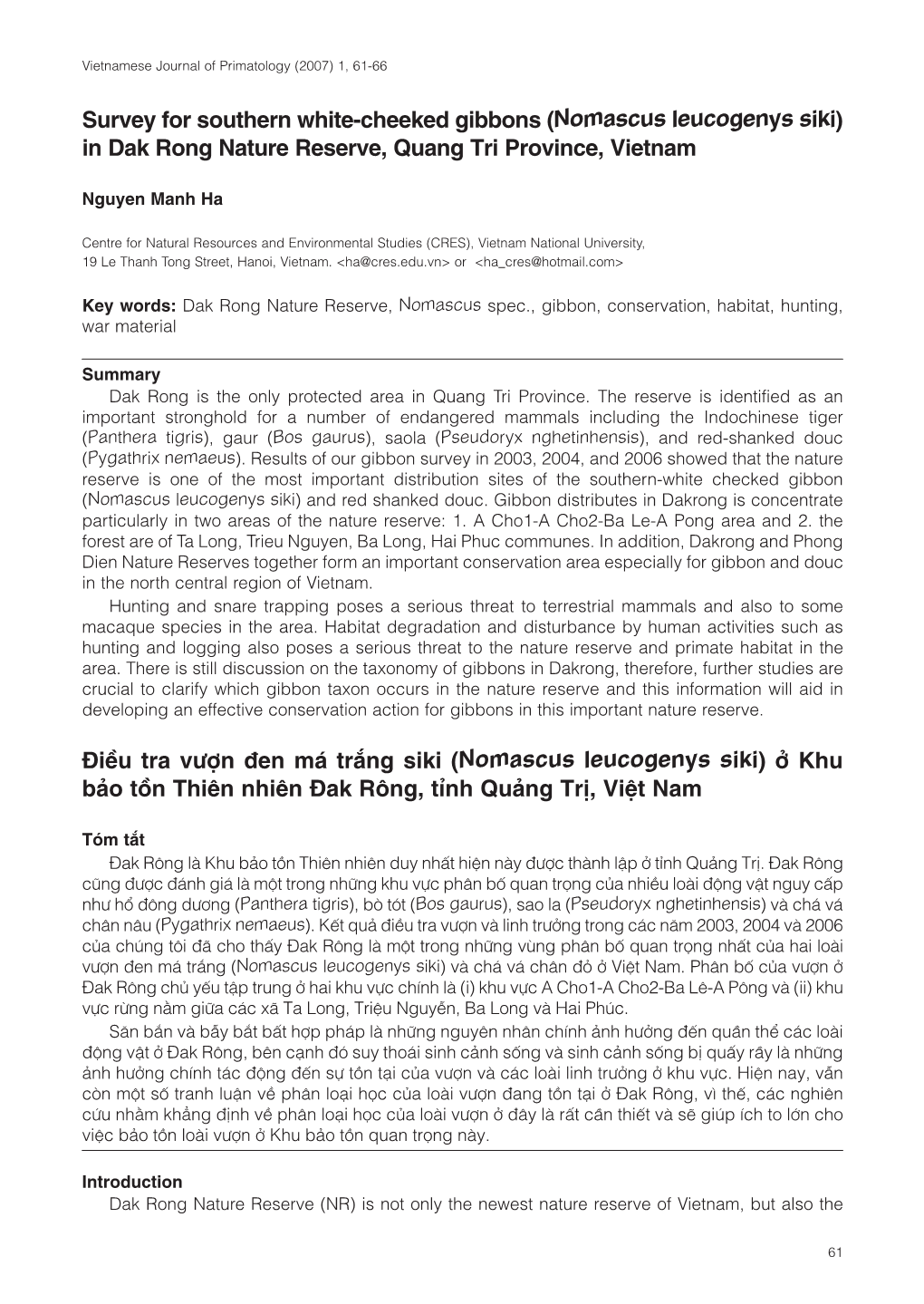 Survey for Southern White-Cheeked Gibbons (Nomascus Leucogenys Siki) in Dak Rong Nature Reserve, Quang Tri Province, Vietnam