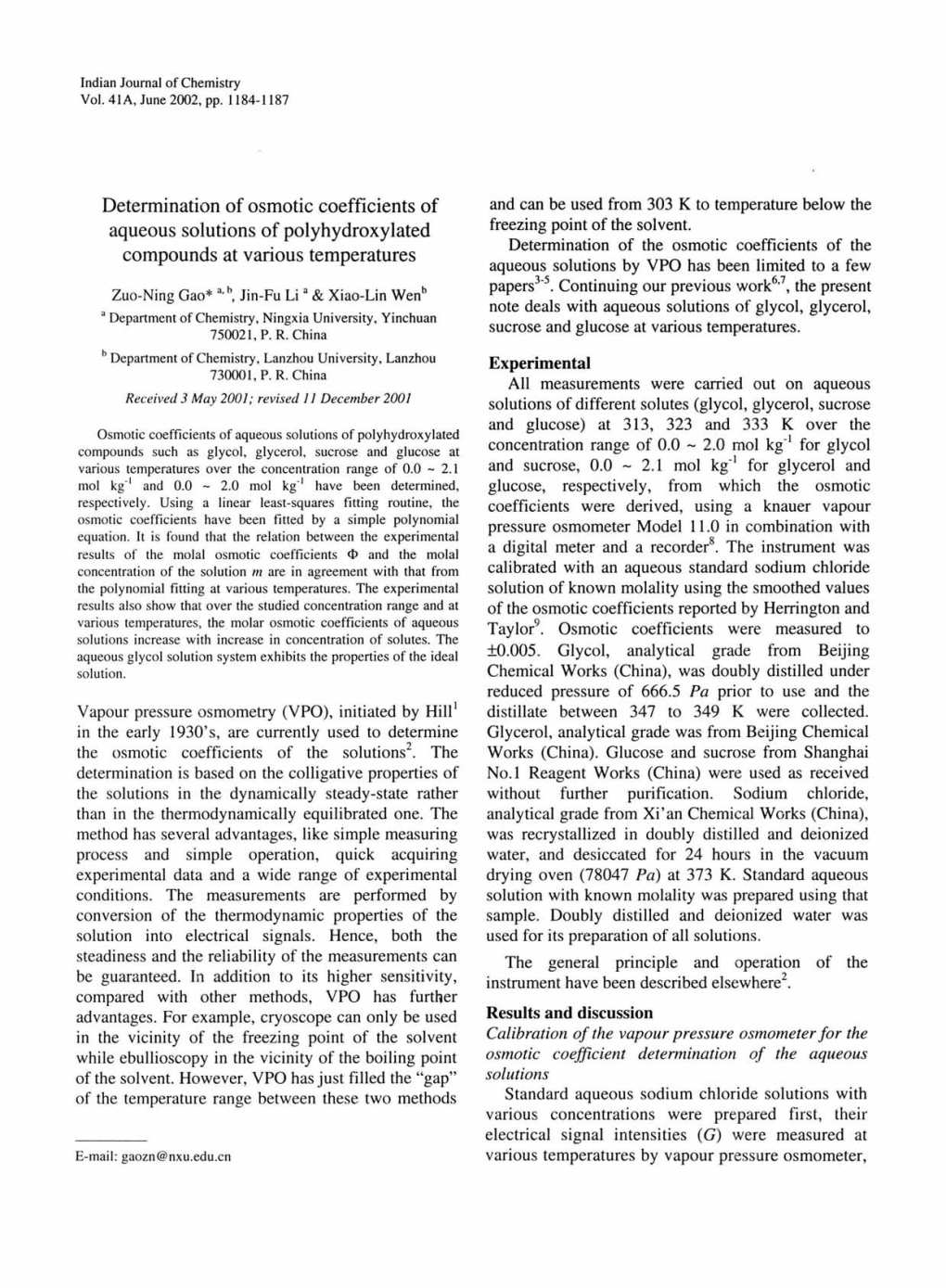 Determination of Osmotic Coefficients of Aqueous Solutions Of