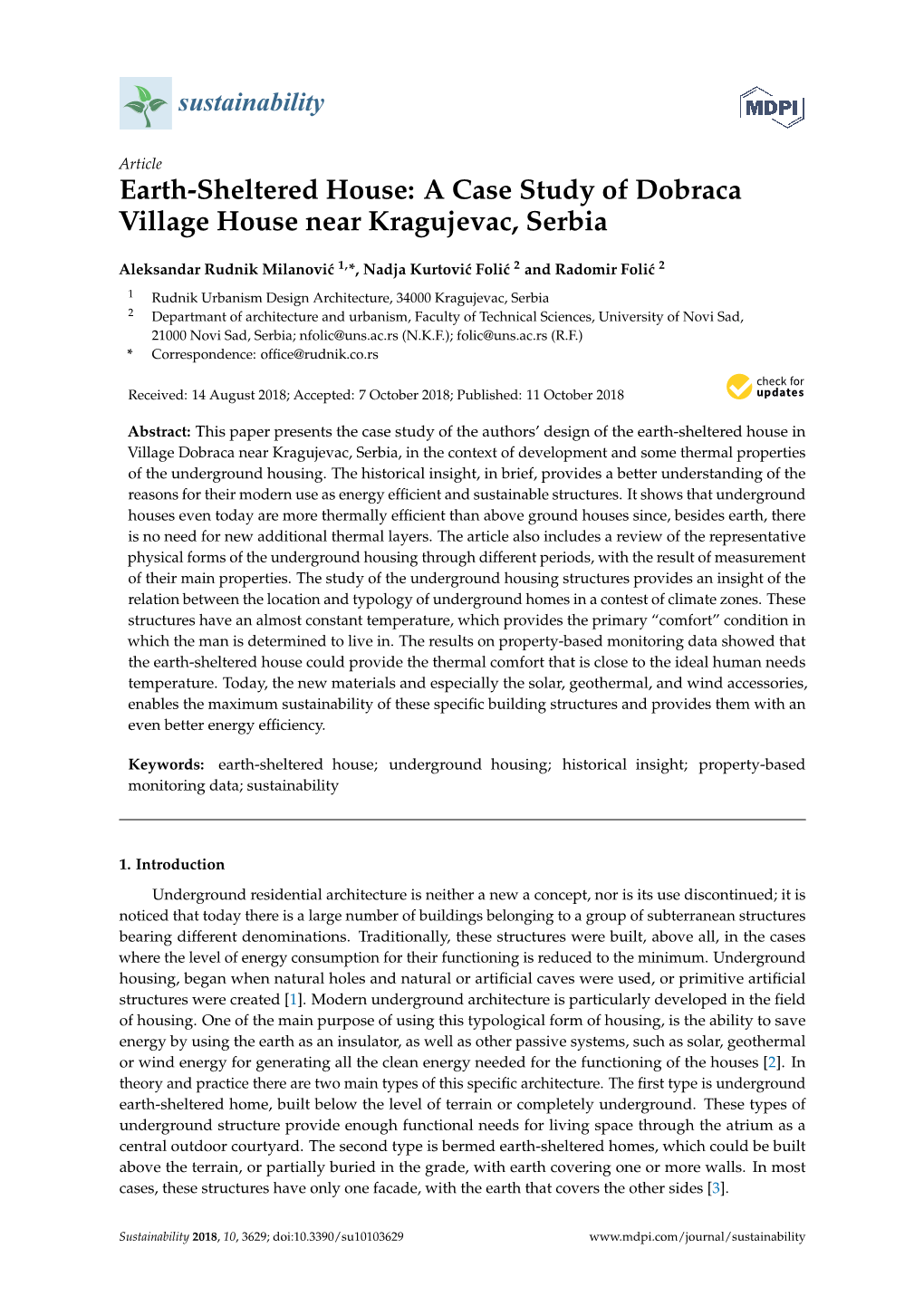 Earth-Sheltered House: a Case Study of Dobraca Village House Near Kragujevac, Serbia