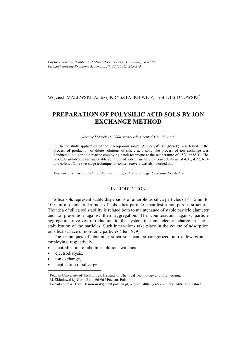 Preparation of Polysilic Acid Sols by Ion Exchange Method