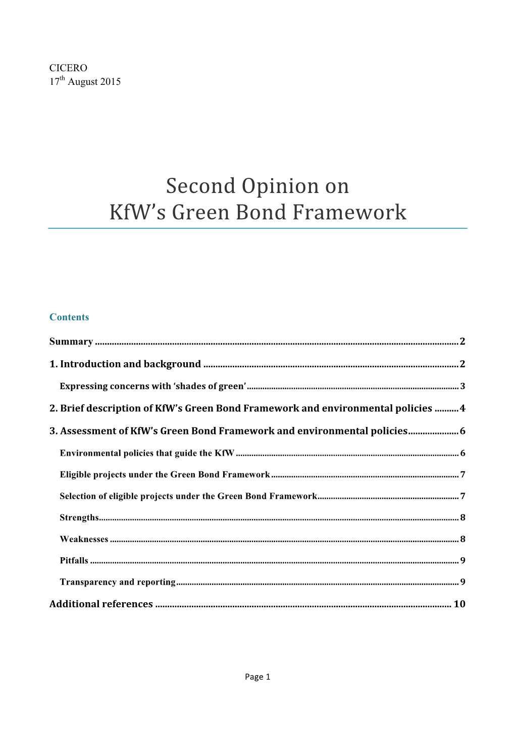 Second Opinion on Kfw's Green Bond Framework