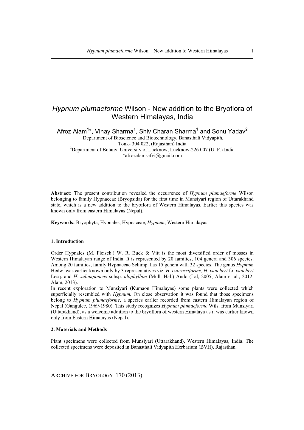 Hypnum Plumaeforme Wilson-New Addition to the Bryoflora of Western