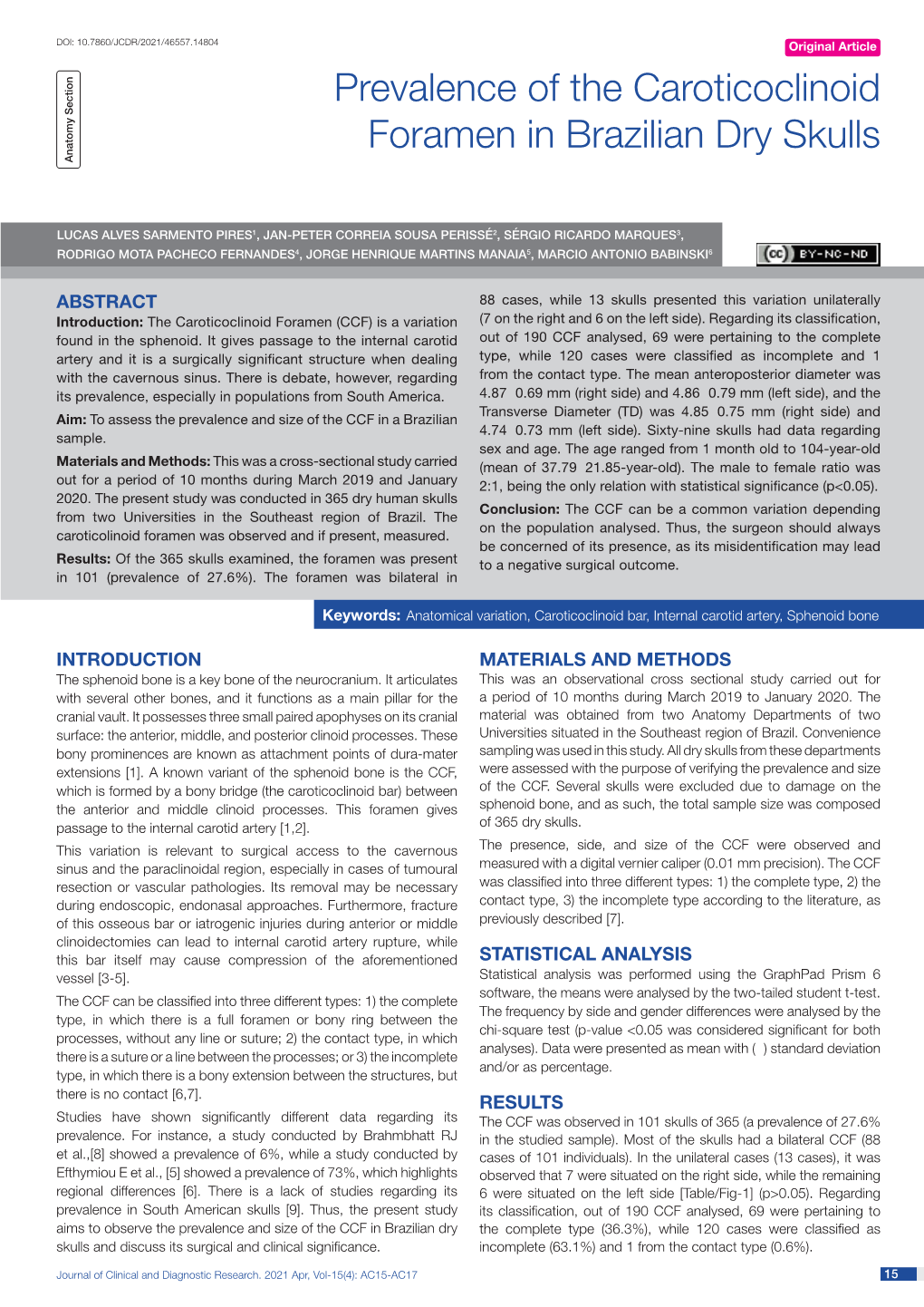 Prevalence of the Caroticoclinoid Foramen in Brazilian Dry Skulls Anatomy Section