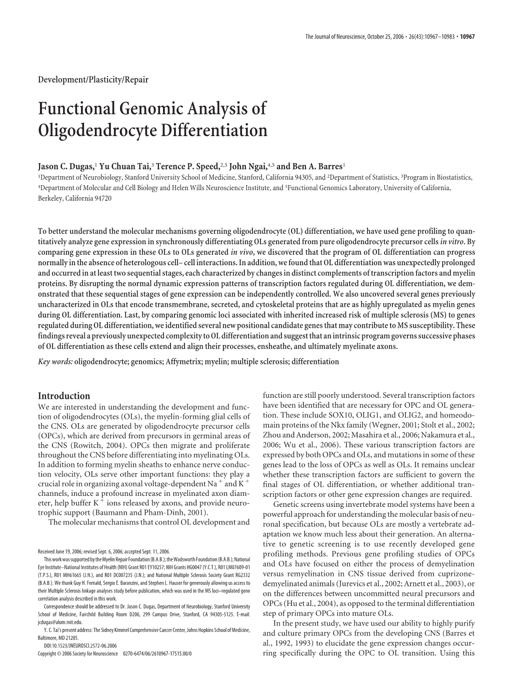 Functional Genomic Analysis of Oligodendrocyte Differentiation