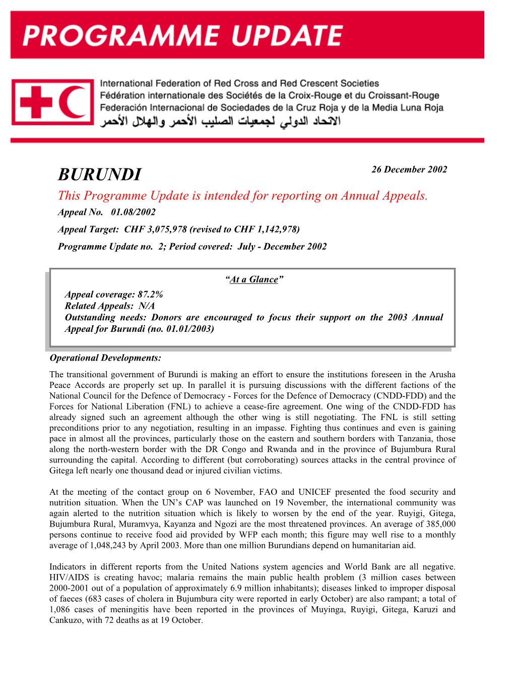 BURUNDI 26 December 2002 This Programme Update Is Intended for Reporting on Annual Appeals