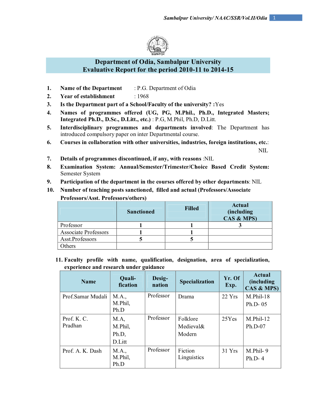 Department of Odia, Sambalpur University Evaluative Report for the Period 2010-11 to 2014-15