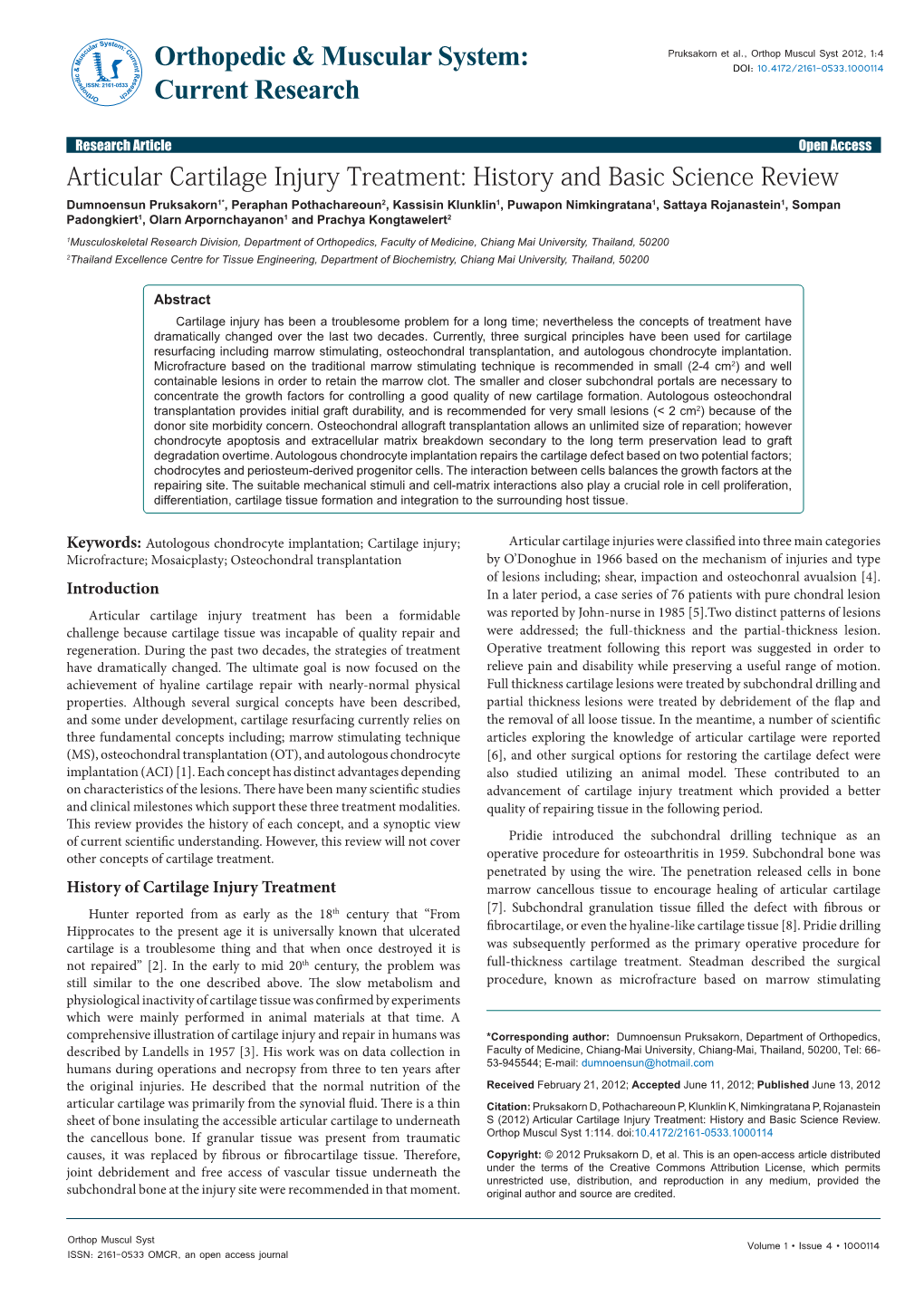 Articular Cartilage Injury Treatment