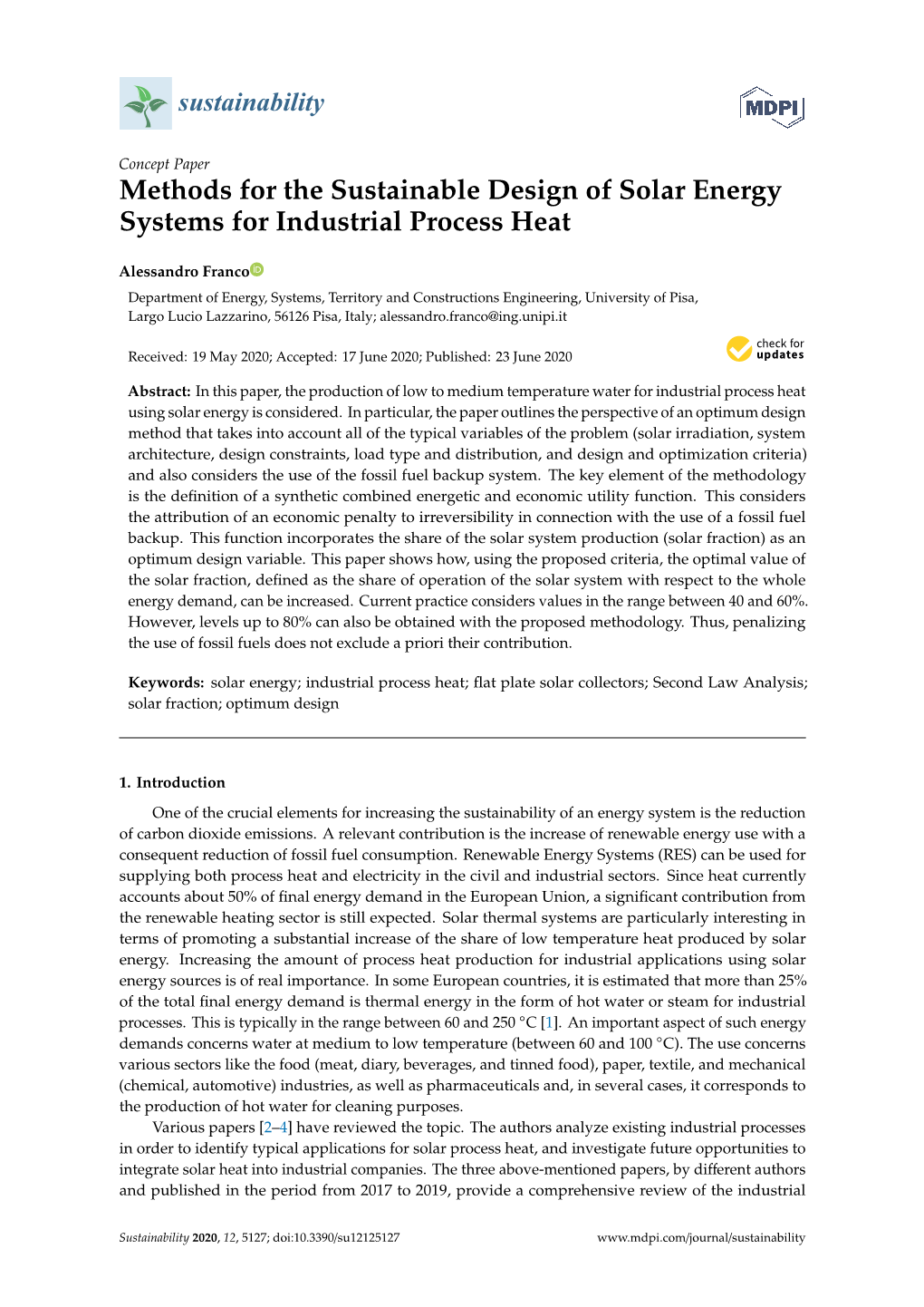 Methods for the Sustainable Design of Solar Energy Systems for Industrial Process Heat
