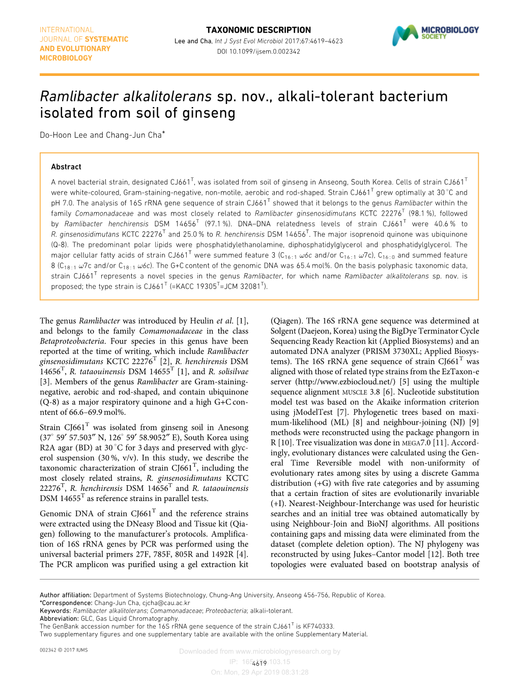 Ramlibacter Alkalitolerans Sp. Nov., Alkali-Tolerant Bacterium Isolated from Soil of Ginseng