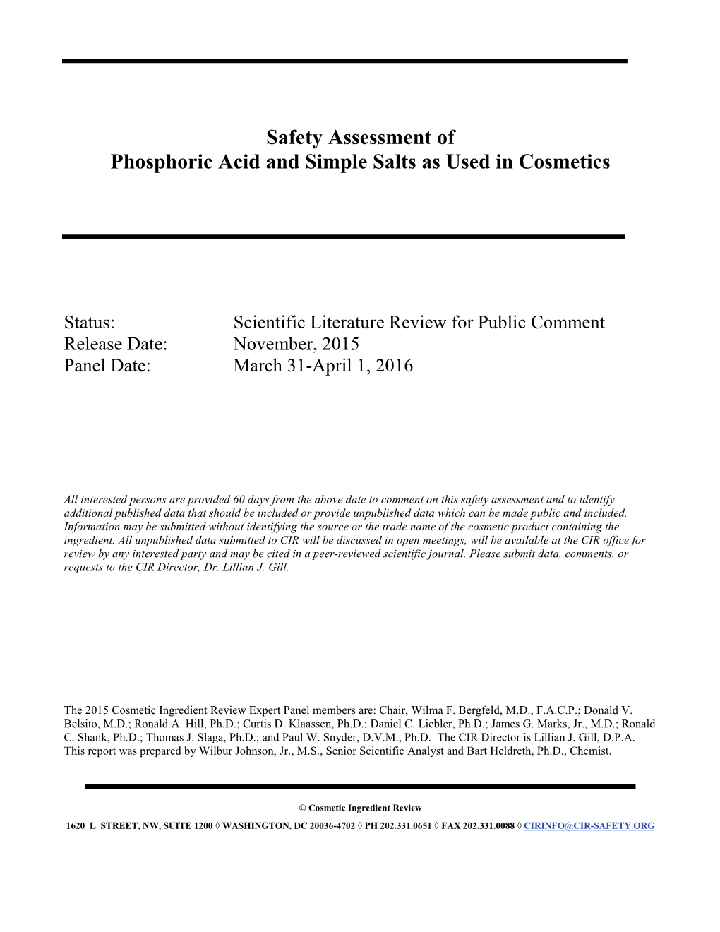 Safety Assessment of Phosphoric Acid and Simple Salts As Used in Cosmetics