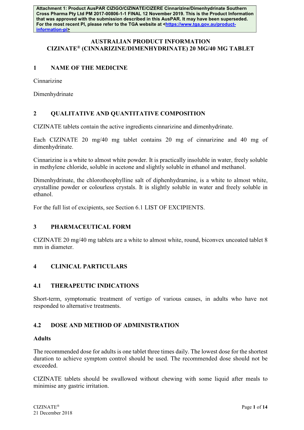 Attachment: Product Information Cinnarizine / Dimenhydrinate