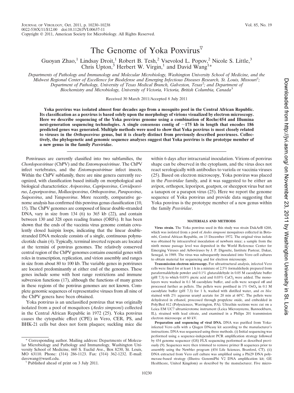 The Genome of Yoka Poxvirusᰔ Guoyan Zhao,1 Lindsay Droit,1 Robert B