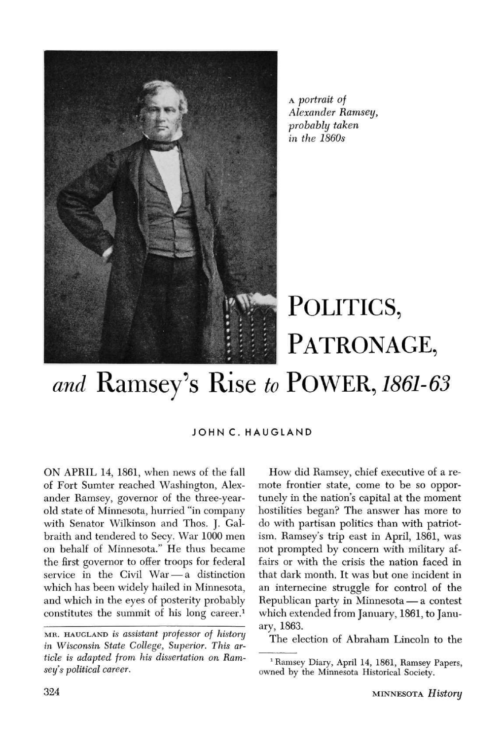 Politics, Patronage, and Ramsey's Rise to Power, 1861-63