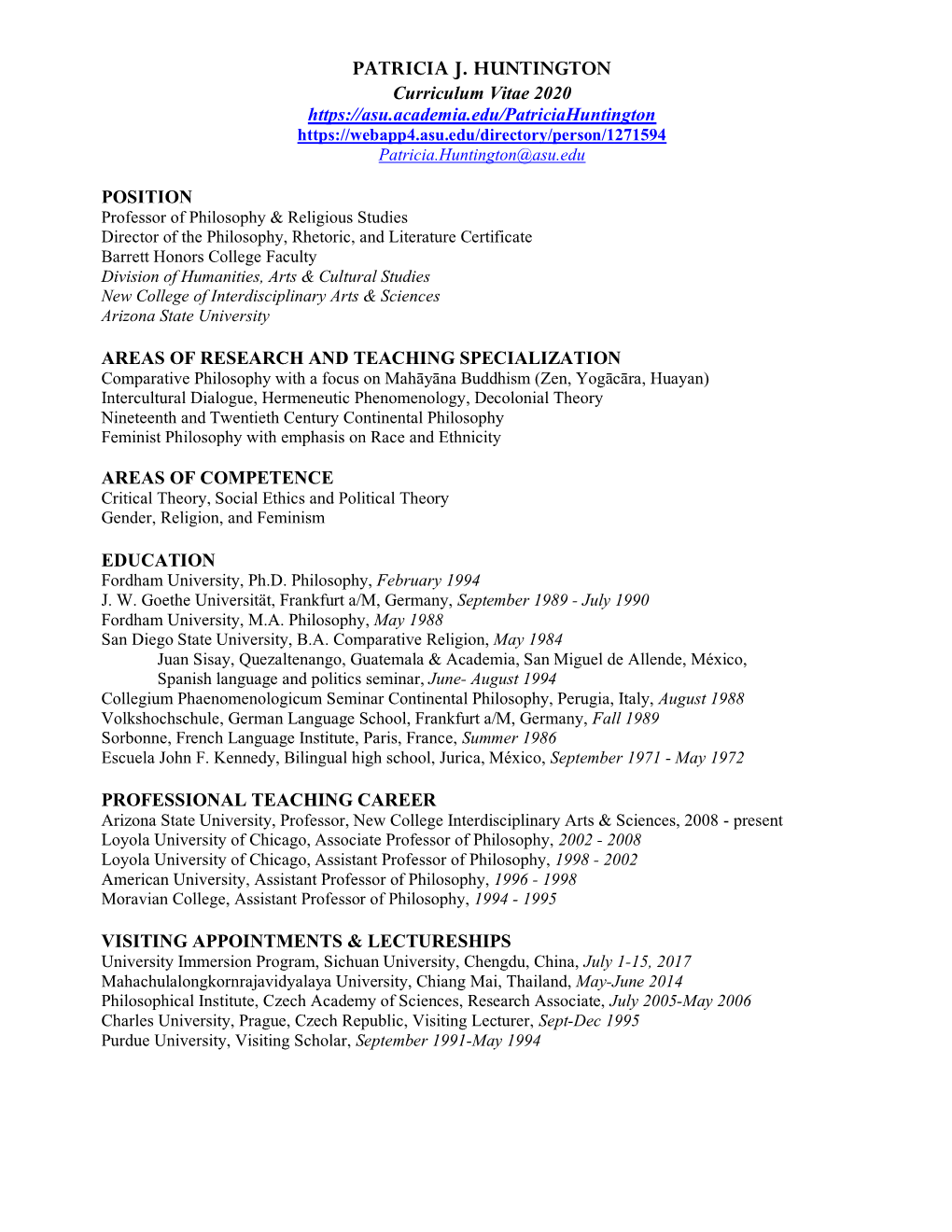 PATRICIA J. HUNTINGTON Curriculum Vitae 2020 Patricia.Huntington@Asu.Edu