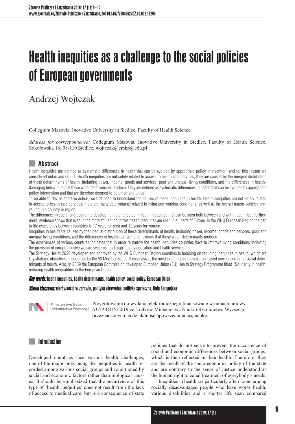 Health Inequities As a Challenge to the Social Policies of European Governments