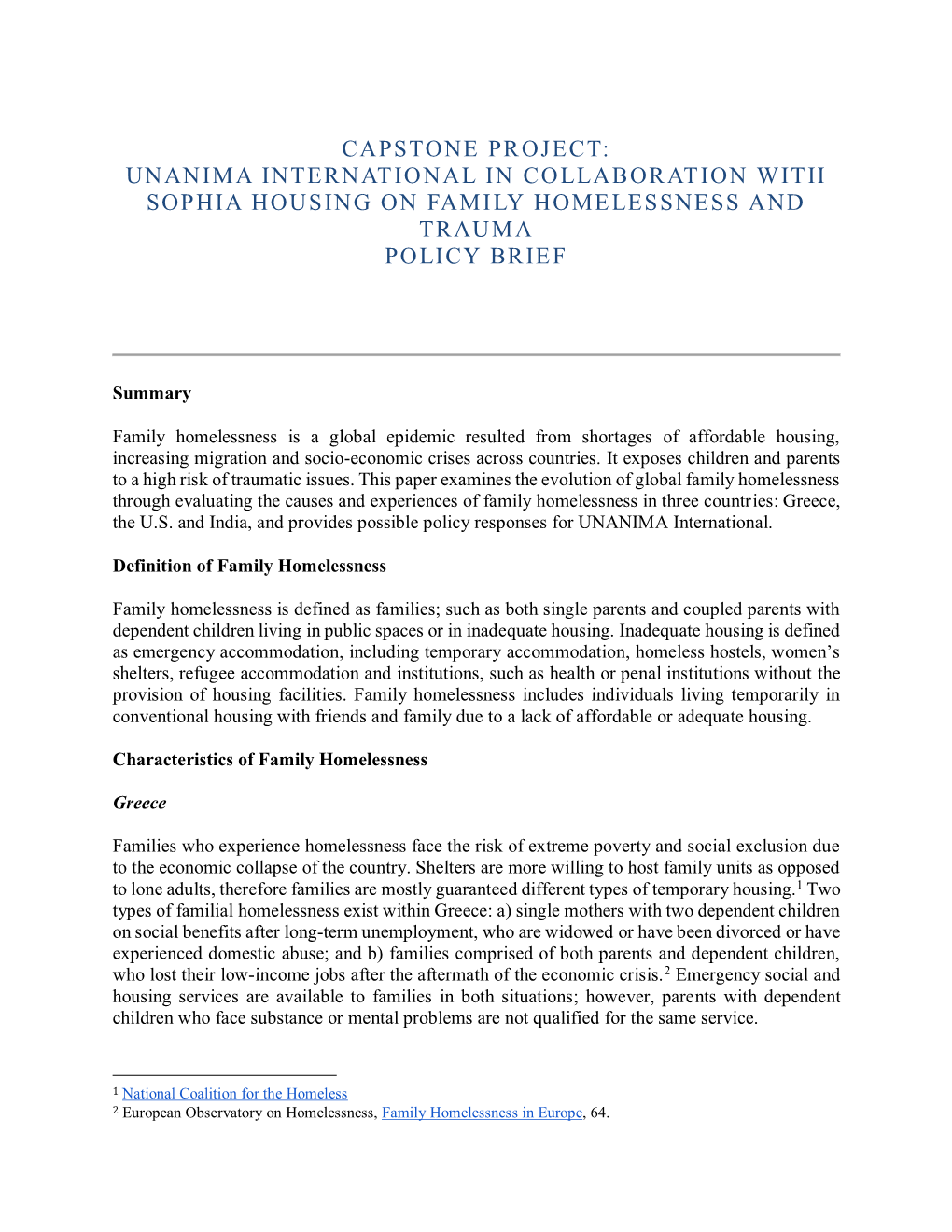 Capstone Project: Unanima International in Collaboration with Sophia Housing on Family Homelessness and Trauma Policy Brief