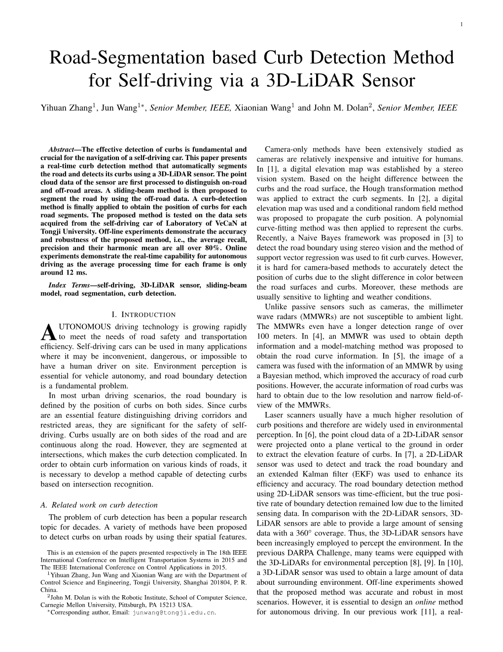 Road-Segmentation Based Curb Detection Method for Self-Driving Via a 3D-Lidar Sensor