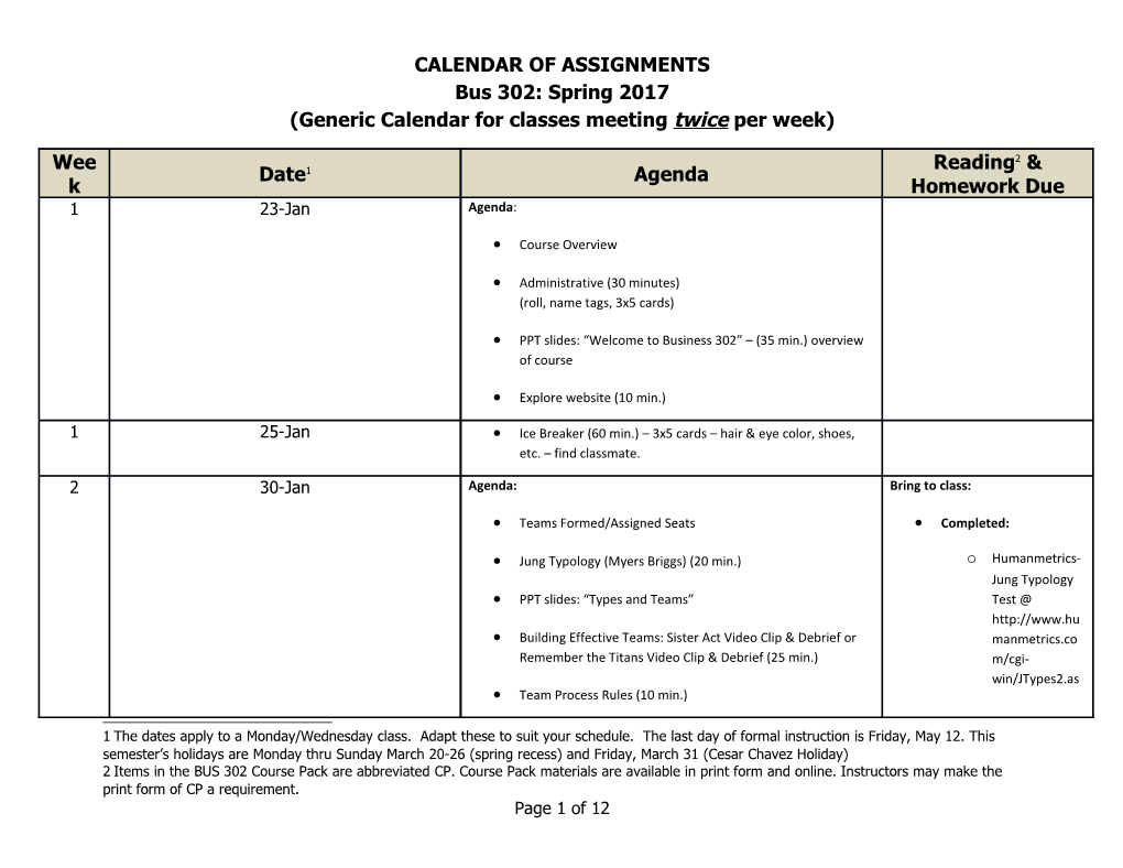 Calendar of Assignments