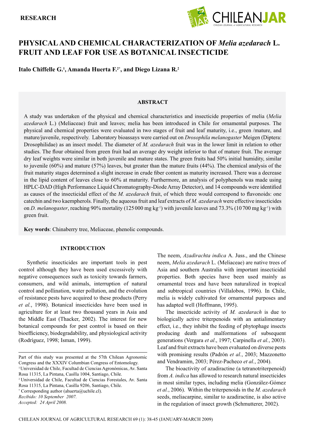 PHYSICAL and CHEMICAL CHARACTERIZATION of Melia Azedarach L