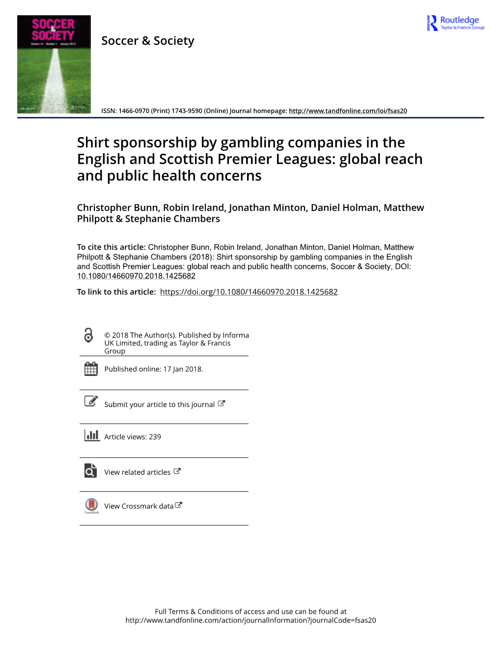 Shirt Sponsorship by Gambling Companies in the English and Scottish Premier Leagues: Global Reach and Public Health Concerns