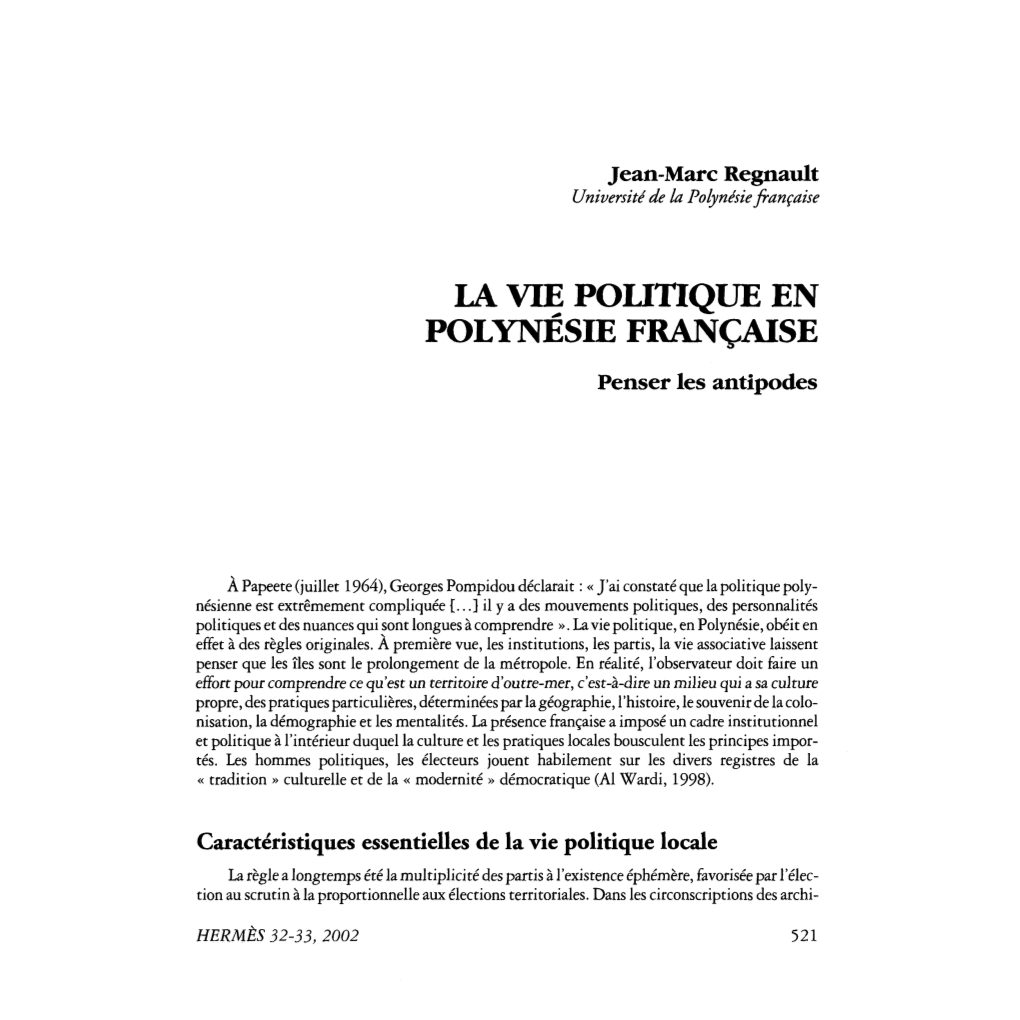 LA VIE POLITIQUE EN POLYNÉSIE FRANÇAISE Penser Les Antipodes