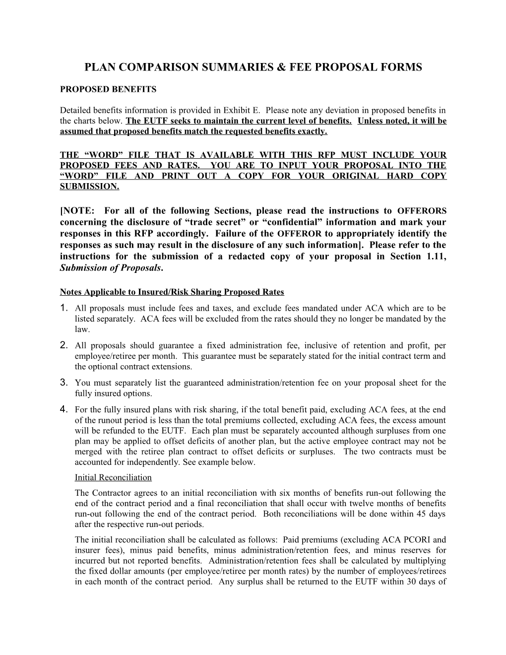 Plan Comparison Summaries Fee Proposal Forms