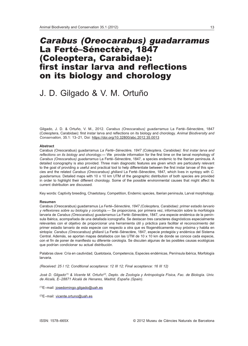 Carabus (Oreocarabus) Guadarramus La Ferté–Sénectère, 1847 (Coleoptera, Carabidae): First Instar Larva and Reflections on Its Biology and Chorology