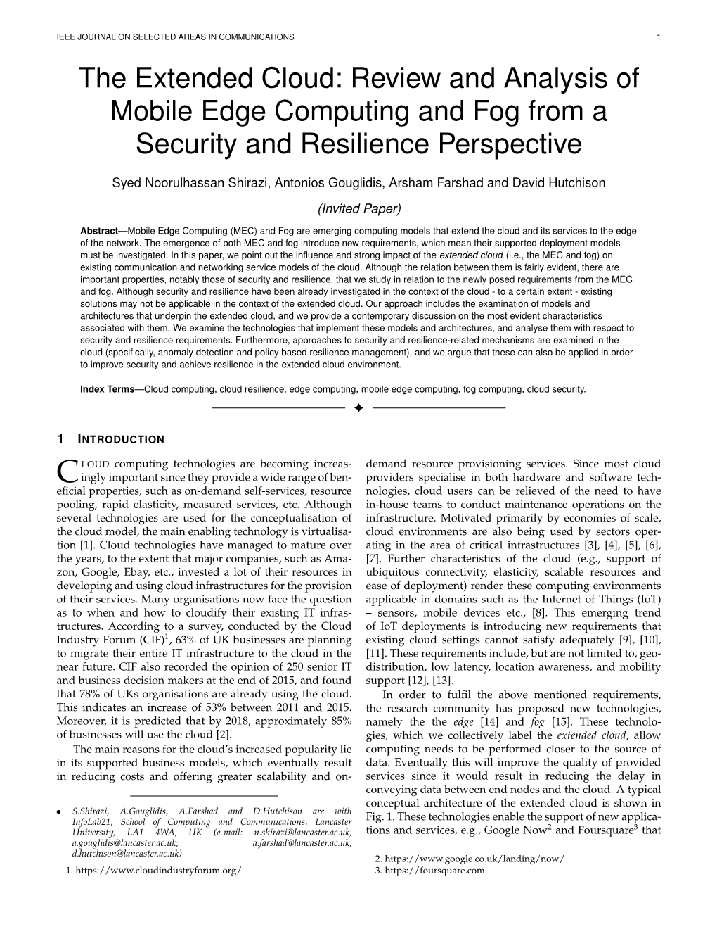 Review and Analysis of Mobile Edge Computing and Fog from a Security and Resilience Perspective