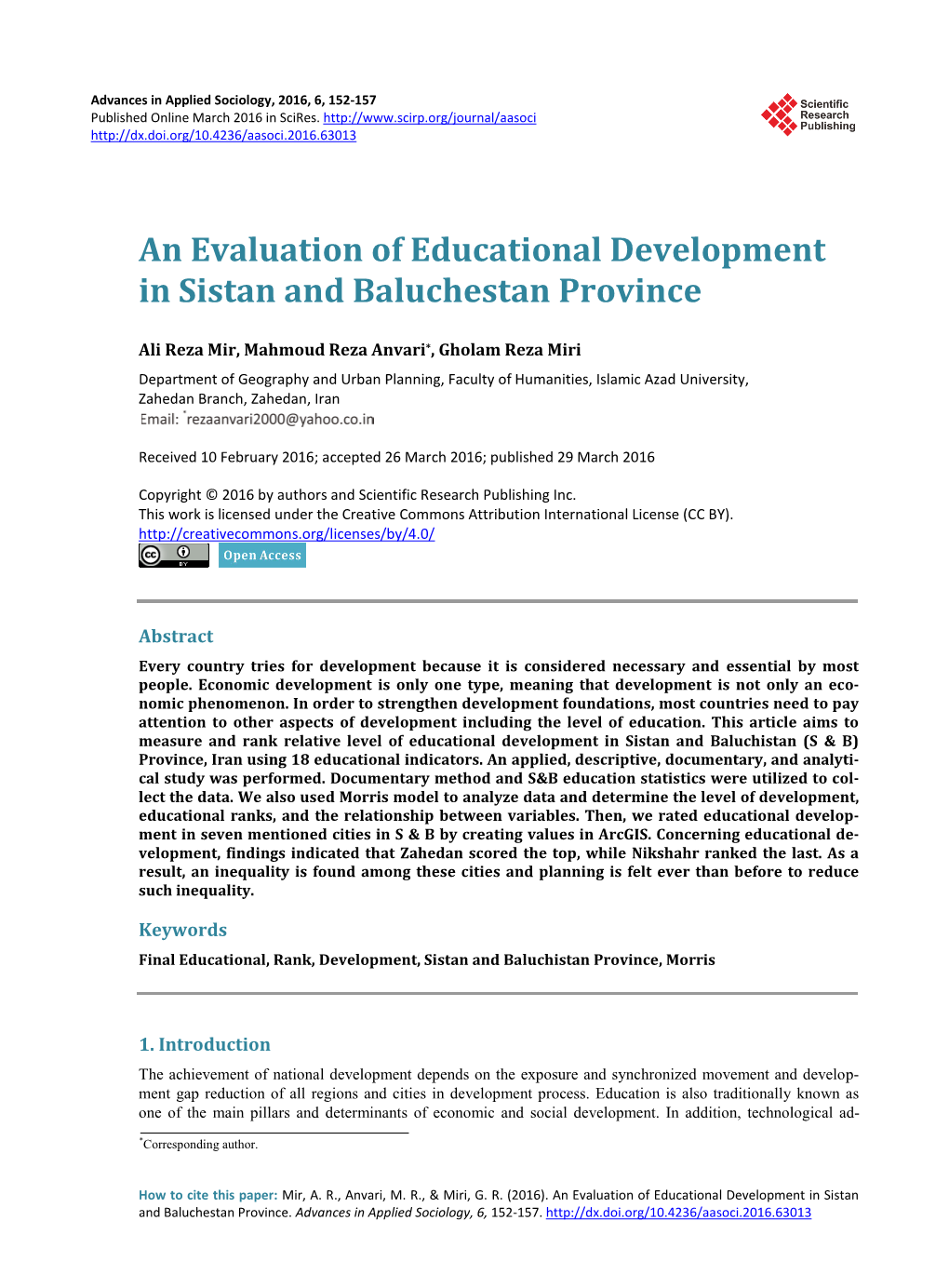 An Evaluation of Educational Development in Sistan and Baluchestan Province