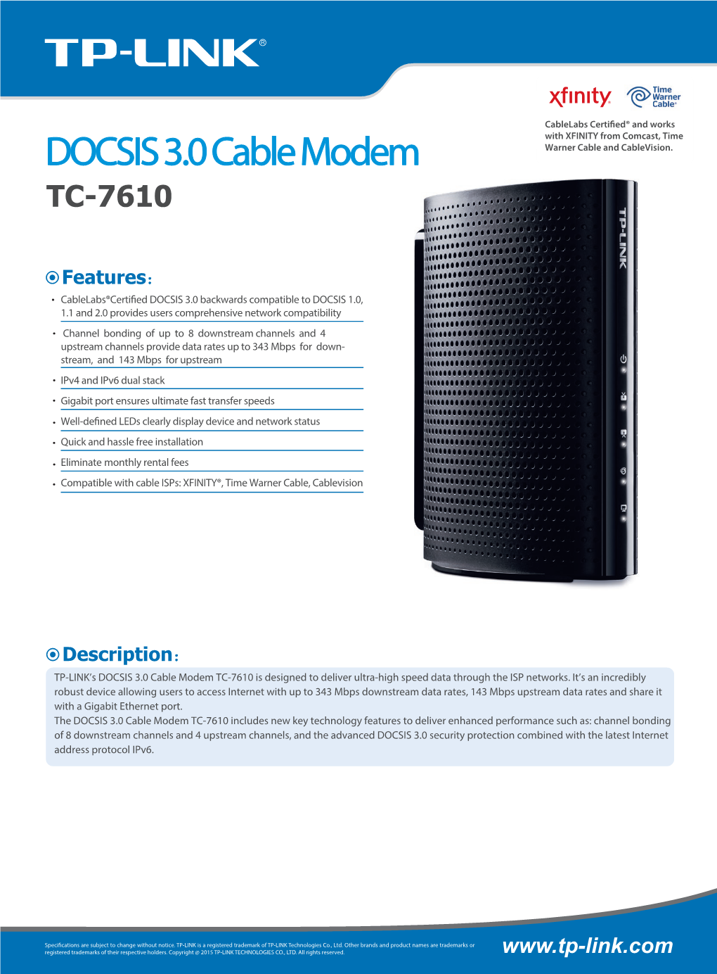 DOCSIS 3.0 Cable Modem TC-7610