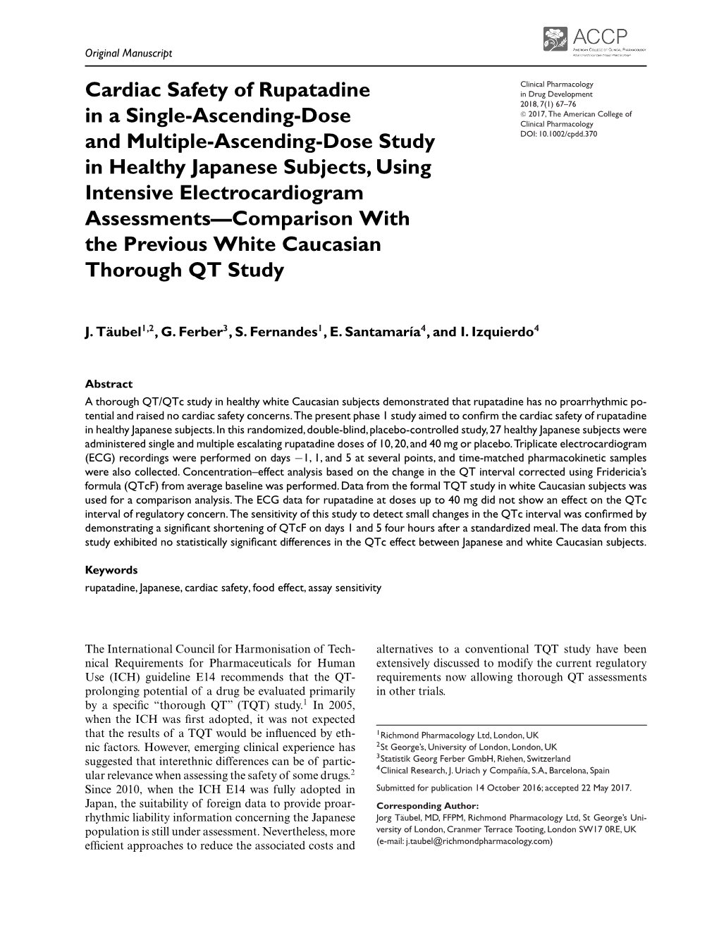 Cardiac Safety of Rupatadine in a Single‐