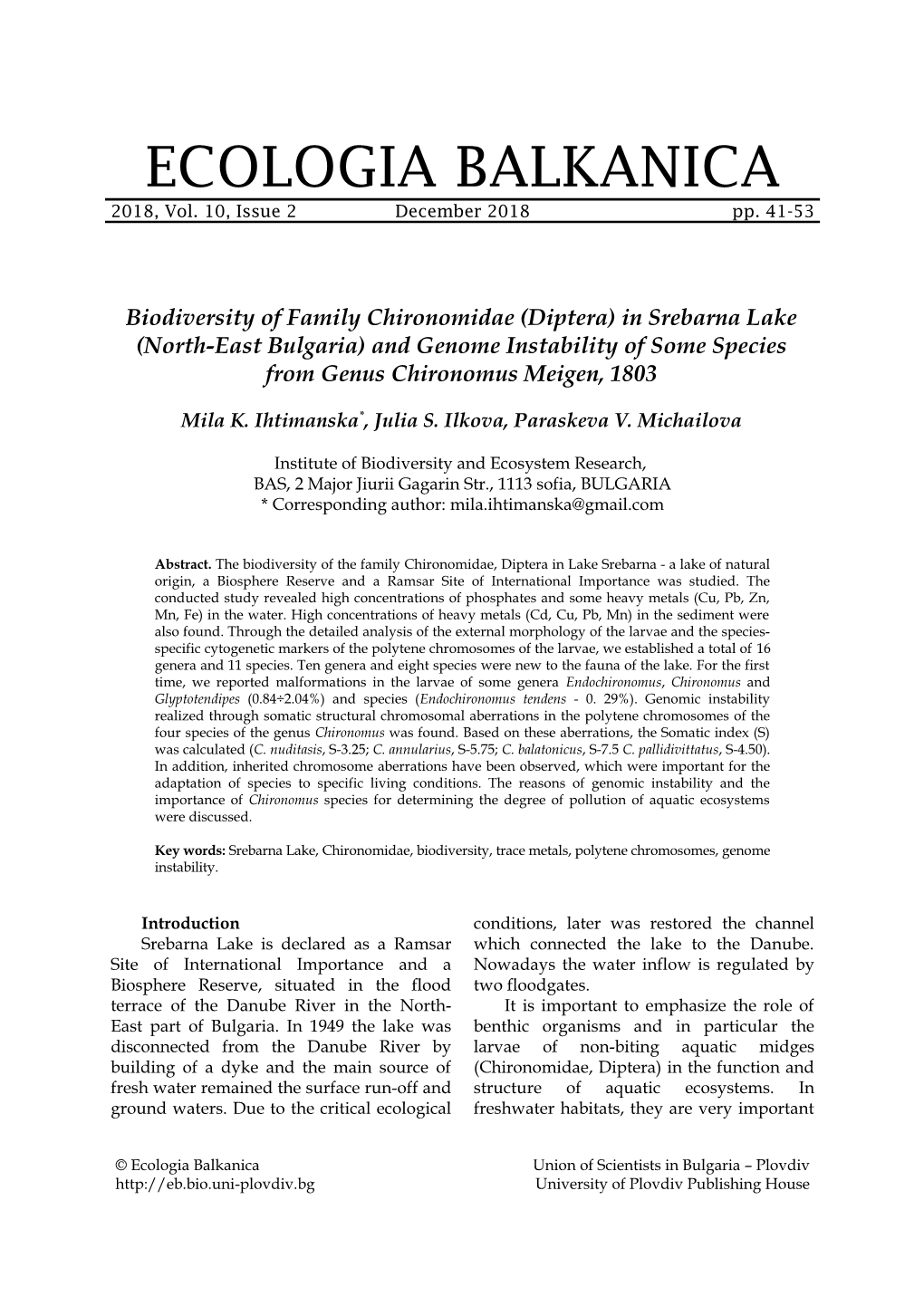 Biodiversity of Family Chironomidae (Diptera) in Srebarna Lake (North-East Bulgaria) and Genome Instability of Some Species from Genus Chironomus Meigen, 1803