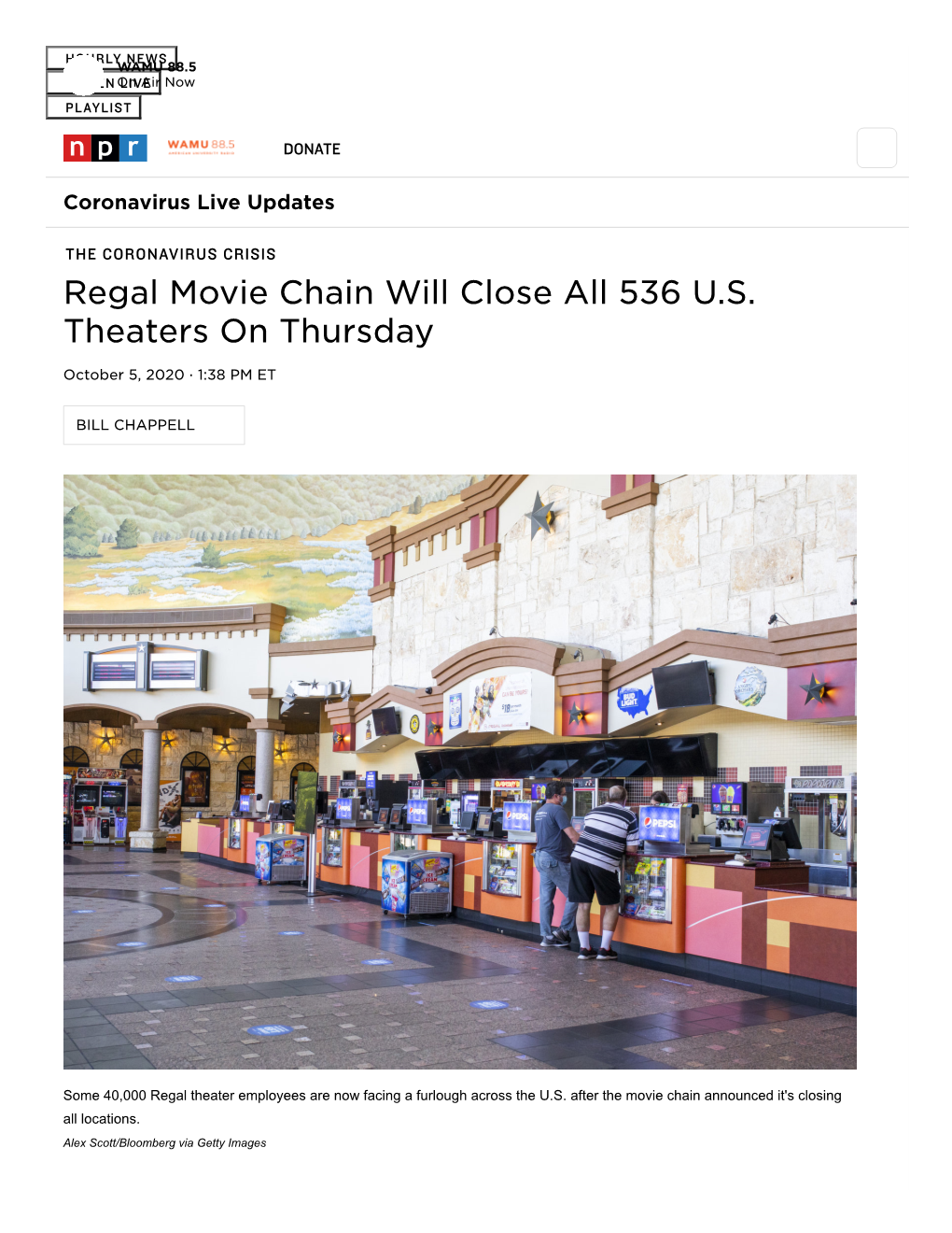 Regal Movie Chain Will Close All 536 U.S. Theaters on Thursday