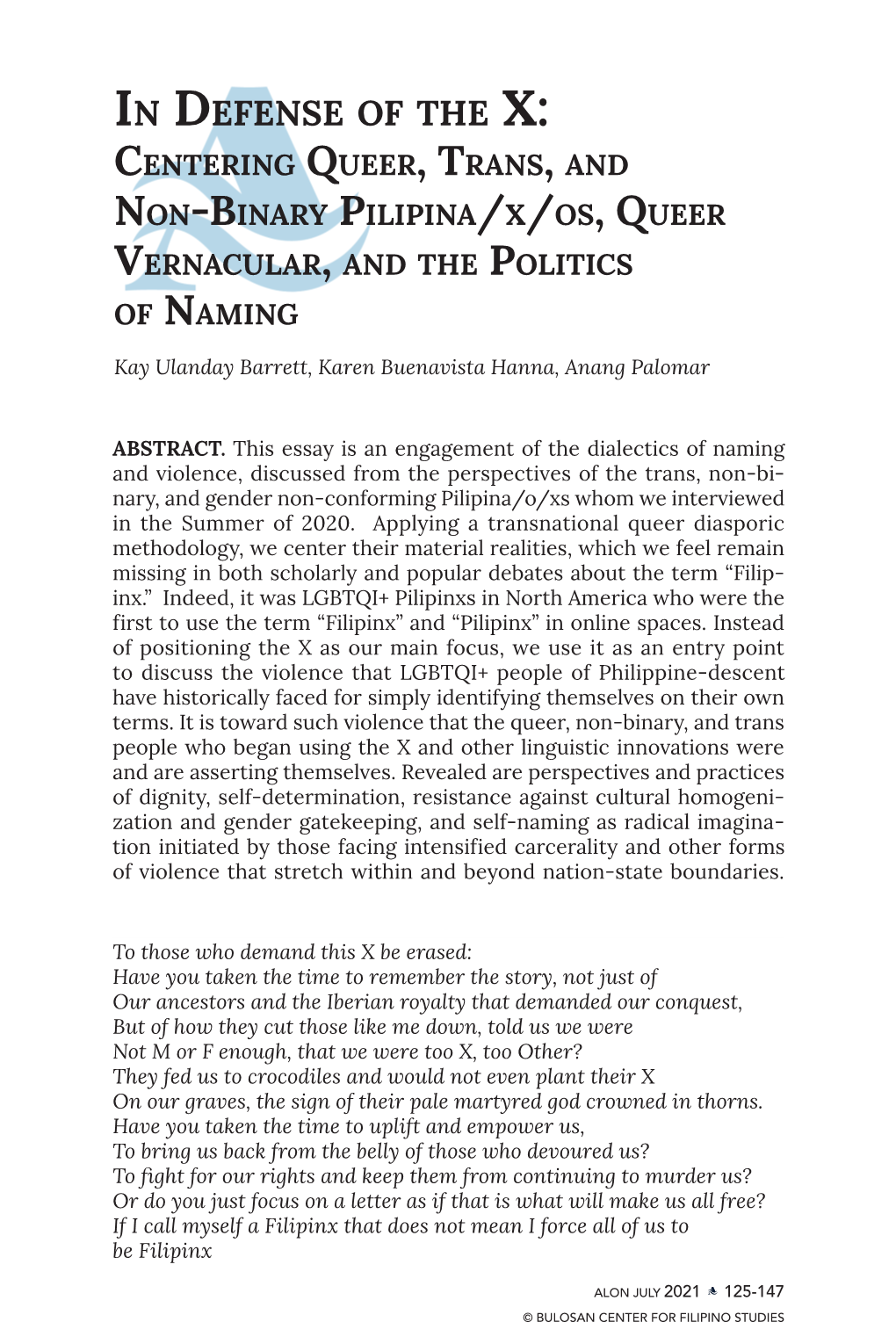 In Defense of the X: Centering Queer, Trans, and Non-Binary Pilipina/X/Os, Queer Vernacular, and the Politics of Naming