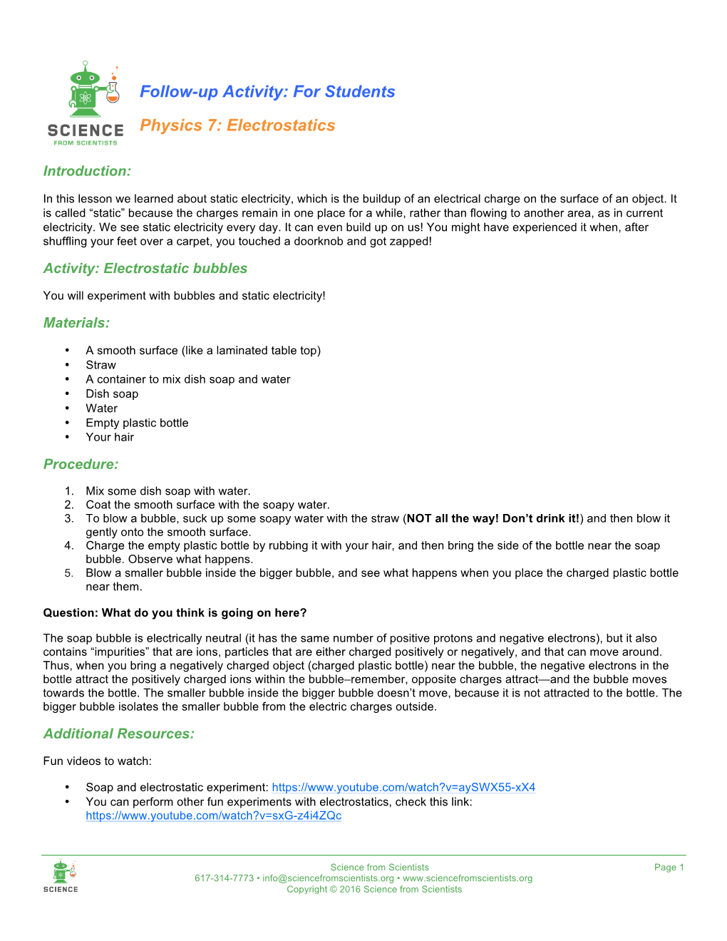 Follow-Up Activity: for Students Physics 7: Electrostatics