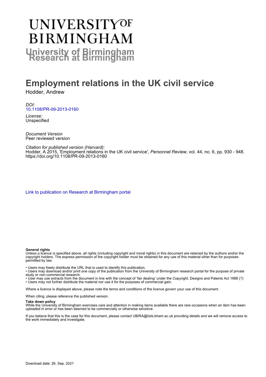 University of Birmingham Employment Relations in the UK Civil Service